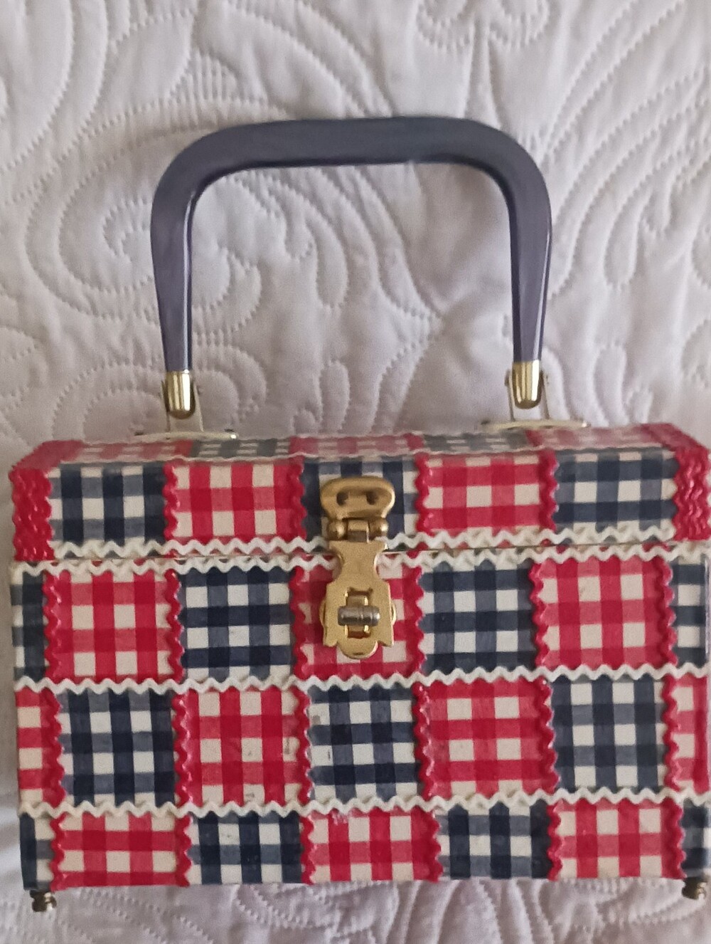 Vintage 60s Red & Blue Gingham Ric Rac Box Purse Lucite Handle Hand Decorated